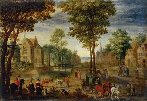 A Horseman Conversing With Elegant Company, A Drover And Three Cattle, And A Covered Wagon And Horses Oil Painting by Jan Brueghel the Elder