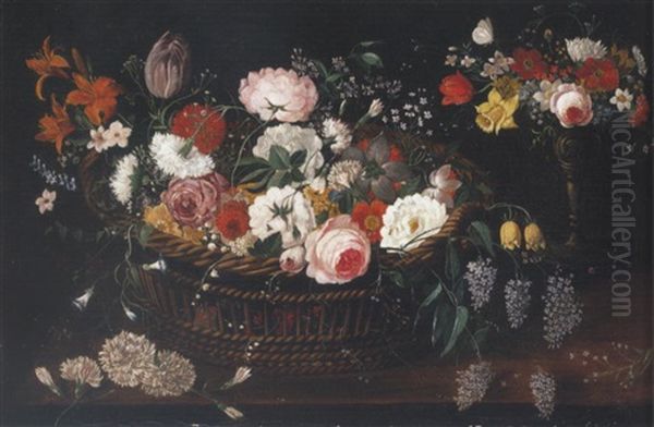 Still Life Of Mixed Flowers In A Basket With A Bouquet Of Flowers In A Gilt Tazza Upon A Table Top Oil Painting by Jan Brueghel the Elder