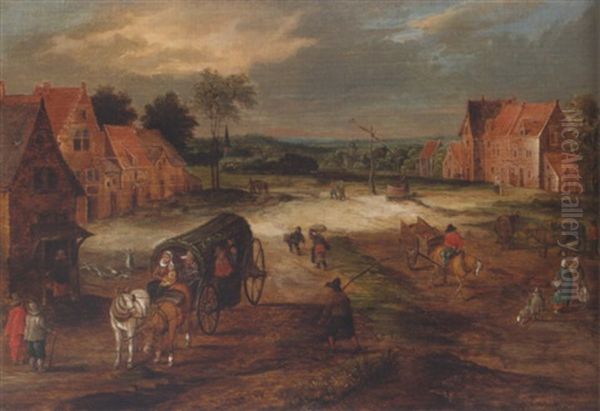 Landscape With A Covered Wagon And Other Figures In A Village Street Oil Painting by Jan Brueghel the Elder