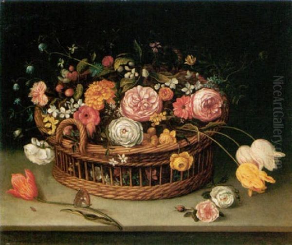 Still Life Of Roses, Tulips, Bluebells And Carnations In A Wicker Basket With A Butterfly, All Resting Upon A Stone Ledge Oil Painting by Jan Brueghel the Elder