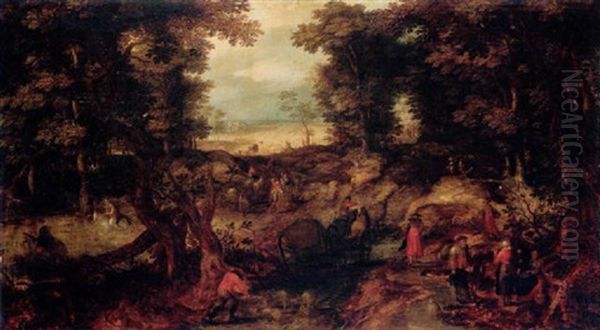 A Landscape With Travellers On A Forest Road Oil Painting by Jan Brueghel the Elder