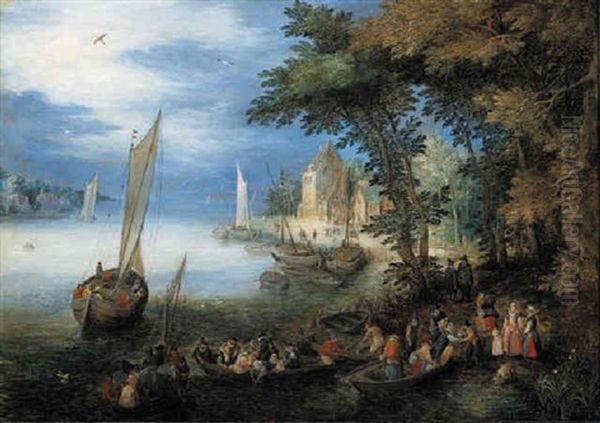 A River Landscape With A Ferry Arriving Near A Landingstage, A Sailing Vessel Nearby Oil Painting by Jan Brueghel the Elder