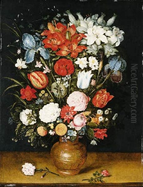 Lilies, Irises, Tulips, Carnations, Roses And Other Flowers In A Vase, With A Dragonfly, A Grasshopper And A Bee, On A Ledge Oil Painting by Jan Brueghel the Elder