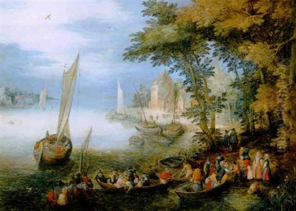 A River Landscape With A Ferry Arriving Near A Landingstage, A Sailing Vessel Nearby by Jan Brueghel the Elder