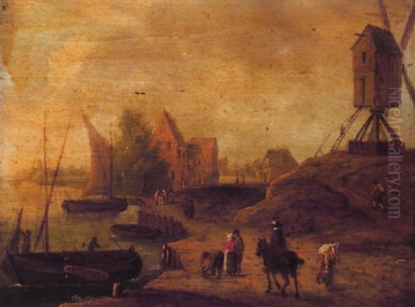 A Flemish Harbour Scene With Fisherfolk And A Windmill Oil Painting by Jan Brueghel the Elder