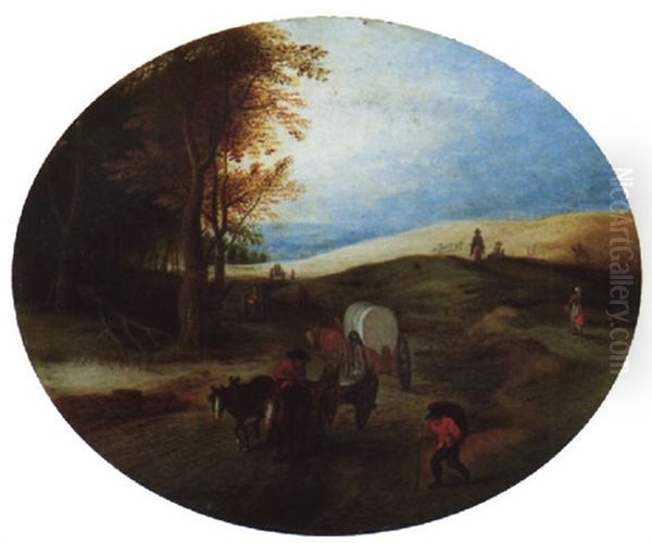 An Open Landscape With Travellers And Horse-drawn Carts On A Track Oil Painting by Jan Brueghel the Elder