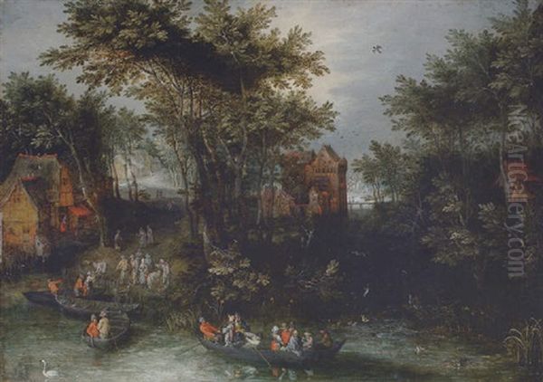 A Wooded Landscape With Peasants Crossing A River, A Village Beyond by Jan Brueghel the Elder