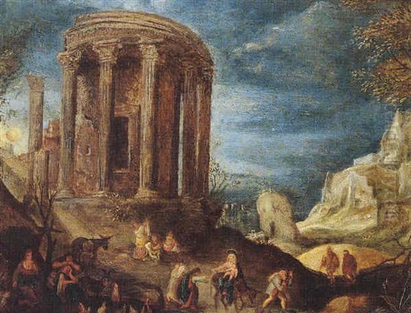 An Extensive Landscape With The Flight Into Egypt And An Architectural Capriccio Of The Temple Of The Tiburtine Sibyl Oil Painting by Jan Brueghel the Elder