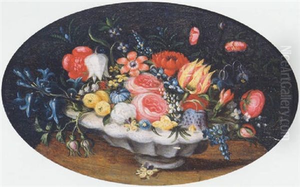 Mixed Flowers In A White Glazed Earthenware Bowl On A Table Oil Painting by Jan Brueghel the Elder