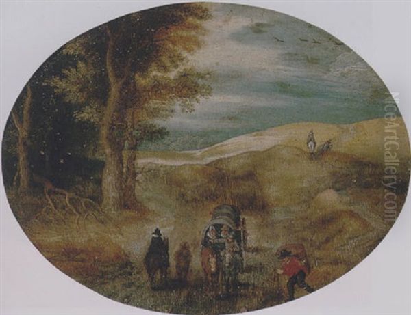 A Hilly Landscape With A Horse-drawn Cart And Other Travellers On A Track At The Edge Of A Wood Oil Painting by Jan Brueghel the Elder