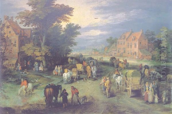 A Village Street With Carts, Villagers And Gentlefolk Oil Painting by Jan Brueghel the Elder