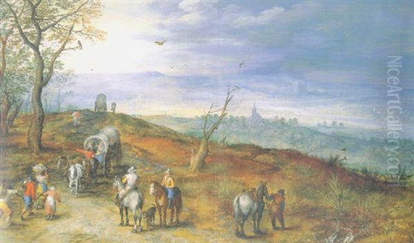 An Extensive Landscape With Villagers, Horsemen And Wagons On A Path Oil Painting by Jan Brueghel the Elder