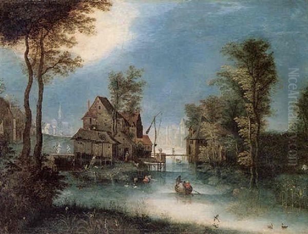 Landscape With A Village Beside A Canal Oil Painting by Jan Brueghel the Elder