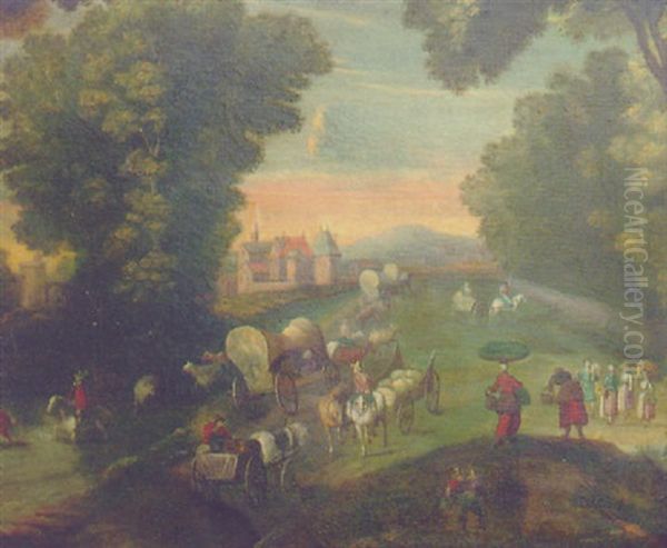 Peasants And Travellers On A Road By A Fortified Mansion Oil Painting by Jan Brueghel the Elder