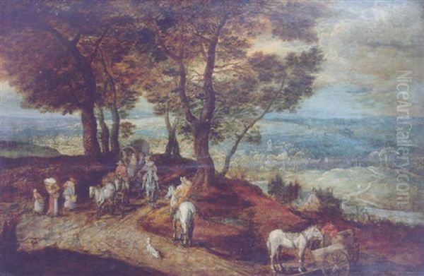 Travellers With Horses And Wagons On A Country Road In A Mountainous Landscape Oil Painting by Jan Brueghel the Elder