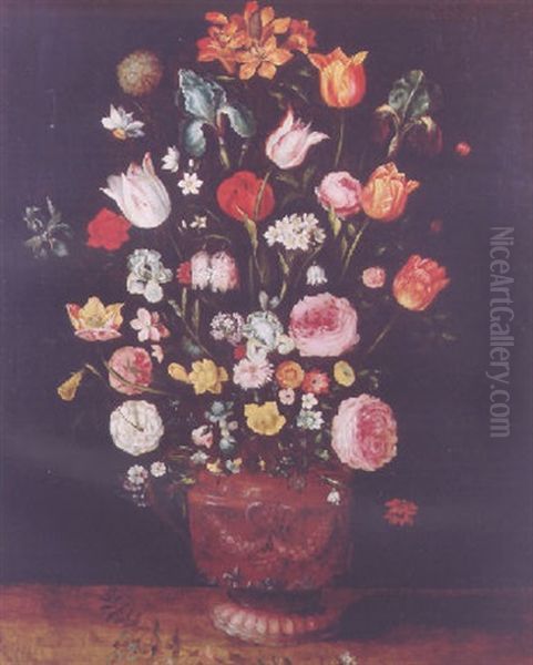 Roses, Tulips, Lilies And Other Flowers In A Sculpted Vase On A Wooden Ledge by Jan Brueghel the Elder