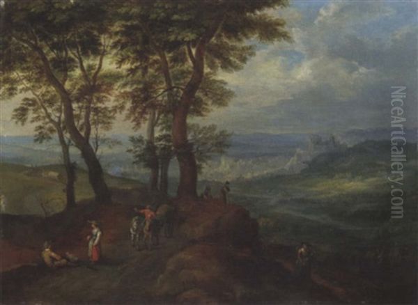 An Extensive Wooded Landscape With Peasants On A Path, A Town Beyond Oil Painting by Jan Brueghel the Elder