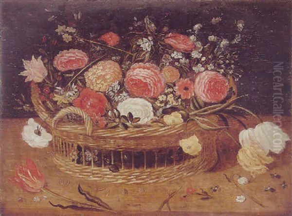 Still Life Of Roses, Variegated Tulips And Other Flowers In A Basket Oil Painting by Jan Brueghel the Elder