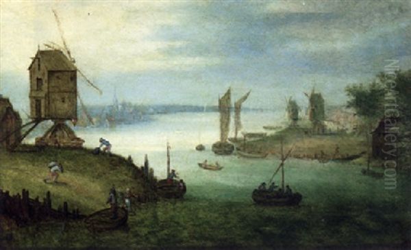 A River Landscape With Ferry At A Landing Stage By A Windmill Oil Painting by Jan Brueghel the Elder