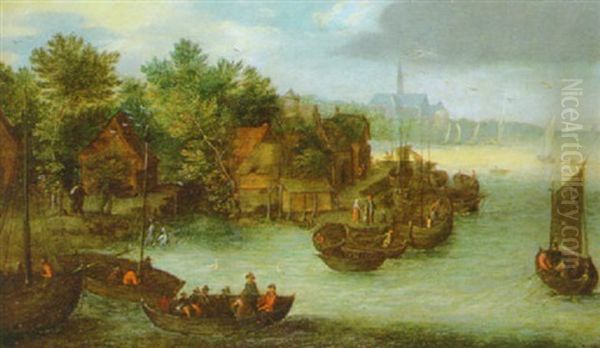 A River Landscape With Fishermen In Boats And A Ferry By A Village Jetty, A Church Beyond Oil Painting by Jan Brueghel the Elder