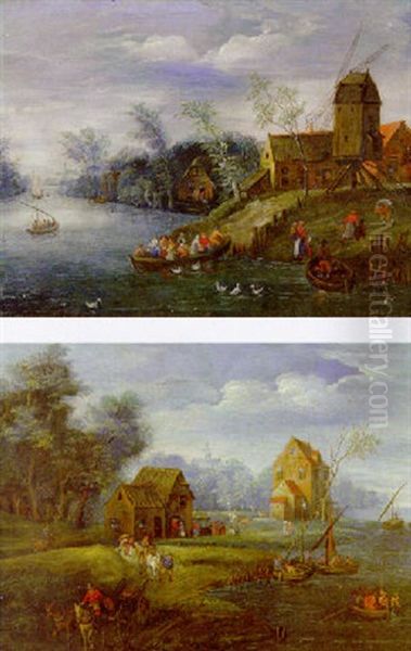 A River Landscape, With Peasants At A Landing Stage, A Windmill Nearby Oil Painting by Jan Brueghel the Elder