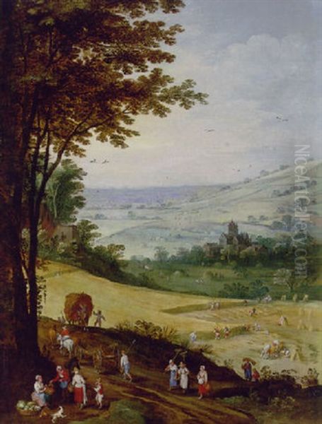 Peasants Harvesting, An Extensive Landscape With A Church Beyond Oil Painting by Jan Brueghel the Elder