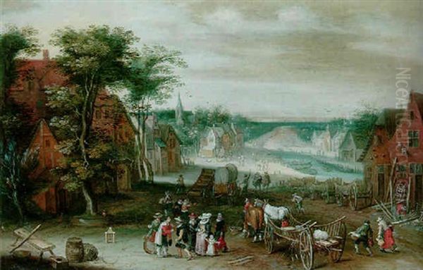 A Village By A River, With Peasants, Townsfolk And Wagons Oil Painting by Jan Brueghel the Elder