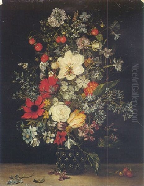 Still Life Of Flowers And Fraises De Bois In A Glass Vase Upon A Ledge Oil Painting by Jan Brueghel the Elder