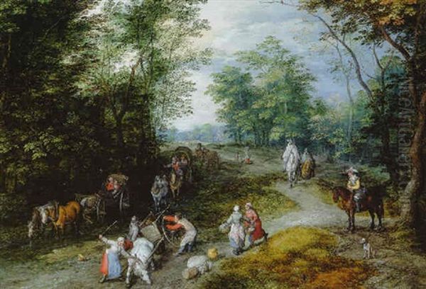 A Wooded Landscape With Travellers And An Upset Cart On A Wooded Track Oil Painting by Jan Brueghel the Elder