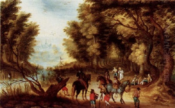 A Wooded Landscape With Figures Resting On A Path Oil Painting by Jan Brueghel the Elder