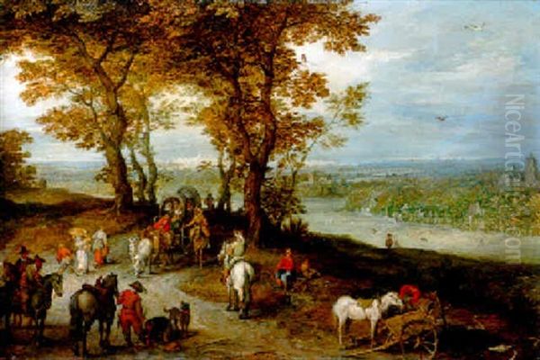 Landscape With Travellers Halted On A Track By A Wooded Knoll Oil Painting by Jan Brueghel the Elder