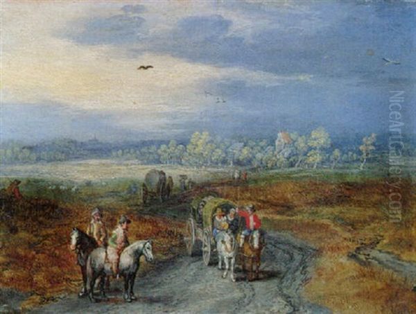 Travellers On A Country Road, A Village Beyond Oil Painting by Jan Brueghel the Elder