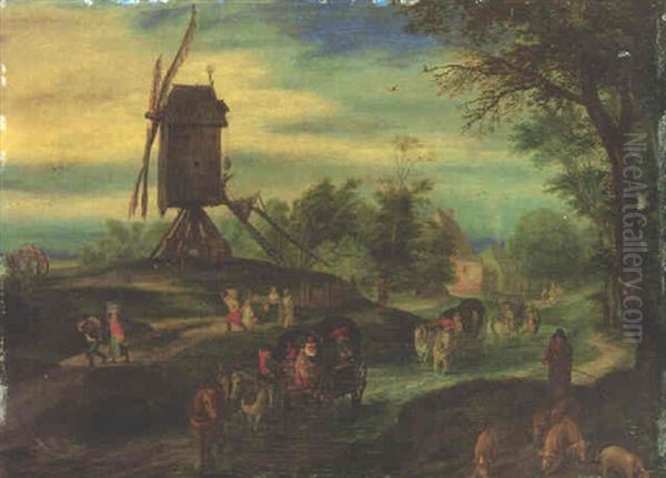 A Wooded Landscape With Carts And A Swineherd Near A Windmill Oil Painting by Jan Brueghel the Elder