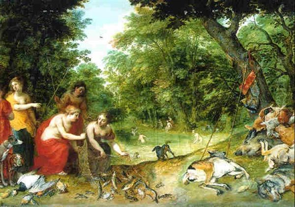 An Allegory Of The Elements Earth, Air And Water: Nymphs Bathing In A Wooded Glade With Trophies Of The Hunt Nearby Oil Painting by Jan Brueghel the Elder