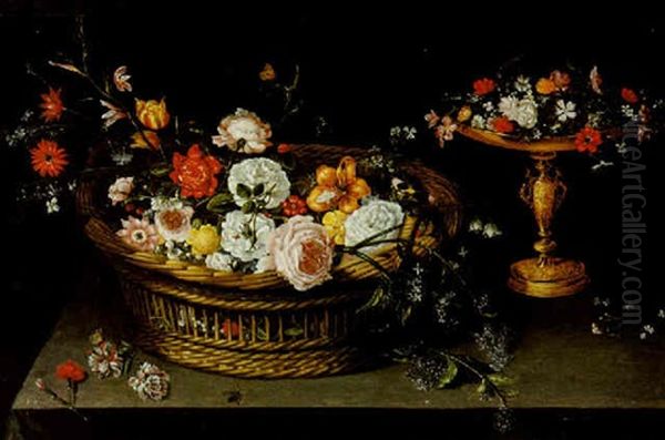 A Still Life Of Roses, Tulips, Lilies And Other Flowers In A Basket, And A Gilt Tazza With Flowers On A Table Oil Painting by Jan Brueghel the Elder