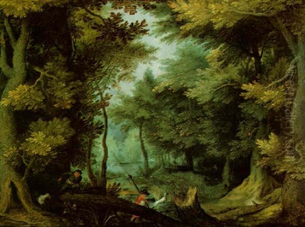 A Wooded Landscape With Huntsmen Oil Painting by Jan Brueghel the Elder