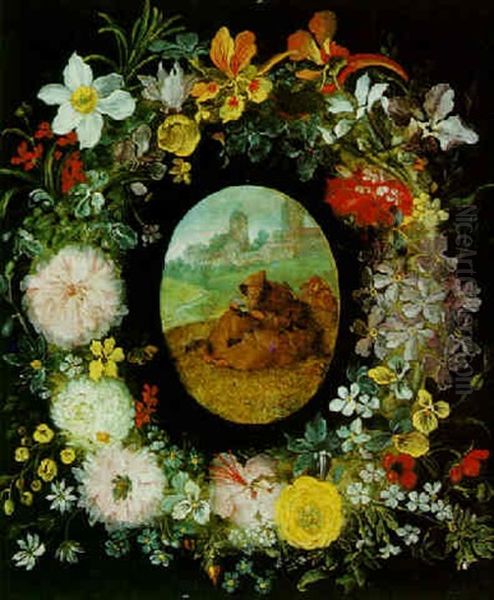 A Garland Of Flowers Surrounding The Temptation Of Saint Anthony Oil Painting by Jan Brueghel the Elder