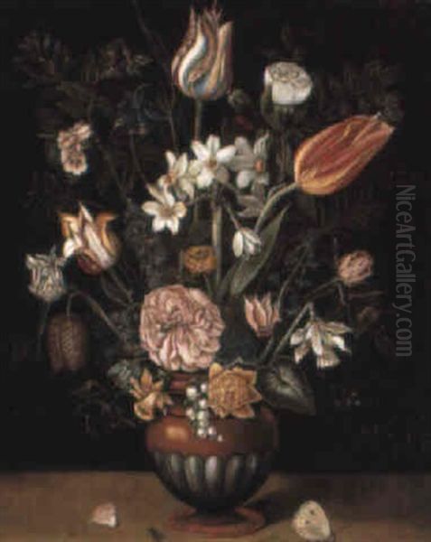 Tulips And Other Flowers In A Vase On A Ledge Oil Painting by Jan Brueghel the Elder