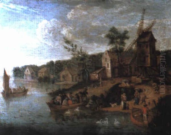 A River Landscape With A Ferry Arriving At A Village Near A Windmill Oil Painting by Jan Brueghel the Elder