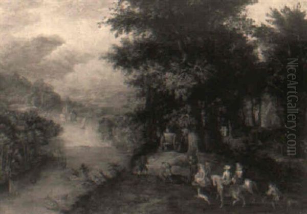 An Extensive River Landscape With A Hunting Party And Travellers On A Path by Jan Brueghel the Elder