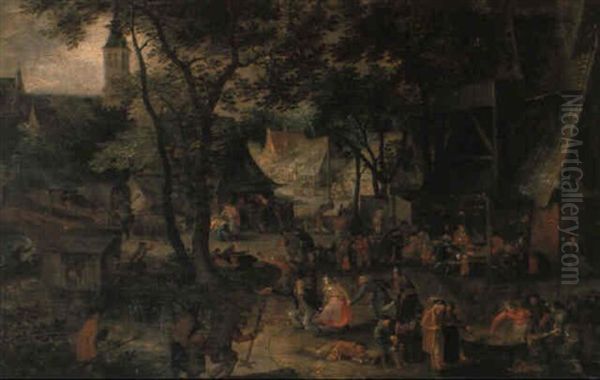 Dorfstrase Mit Feiernden Bauern Oil Painting by Jan Brueghel the Elder