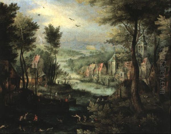 Dorflandschaft Mit Badenden Oil Painting by Jan Brueghel the Elder