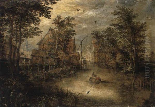 River At The Edge Of A Town With Men In A Rowing Boat Oil Painting by Jan Brueghel the Elder