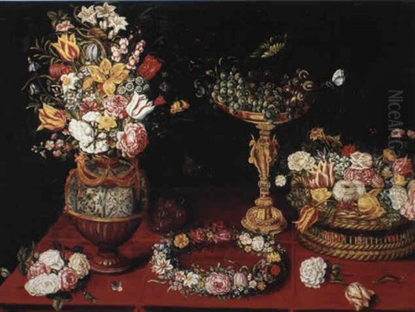 Still Life With Flowers In A Vase And A Basket Of Fruit On A Draped Ledge Oil Painting by Jan Brueghel the Elder