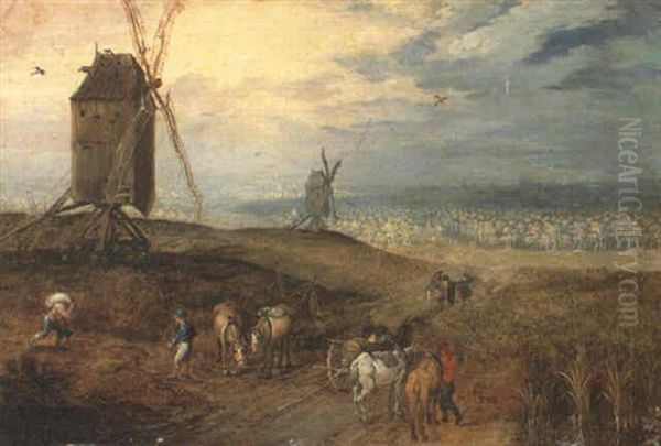 Landscape With Peasants Loading A Cart On A Path Oil Painting by Jan Brueghel the Elder