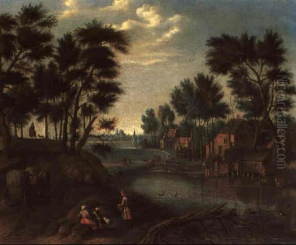 Paysage Boise Avec Des Paysans Au Bord D'une Riviere Oil Painting by Jan Brueghel the Elder