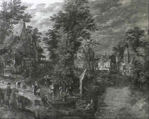 A Wooded River Landscape With A Village And The Flight Into Egypt Oil Painting by Jan Brueghel the Elder