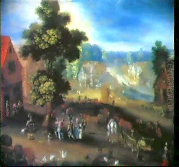 Dorstrasse Mit Pferdefuhrwerken Und Reicher Personen-       Staffage Oil Painting by Jan Brueghel the Elder