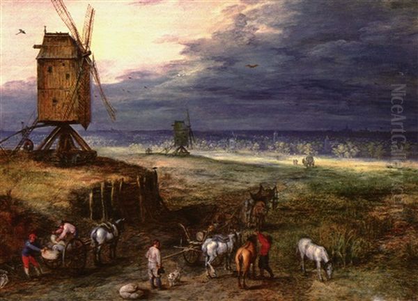 Extensive Landscape With Men Unloading Carts Beside A       Windmill On A Knoll, Other Windmills And A Distant City Oil Painting by Jan Brueghel the Elder