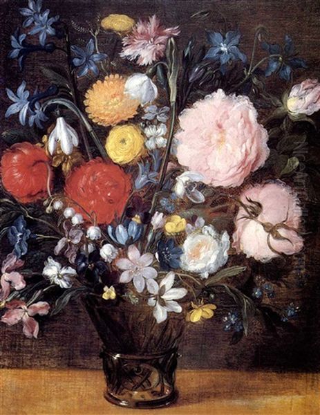 Flowers In A Glass On A Ledge Oil Painting by Jan Brueghel the Elder